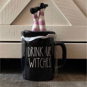 Rae Dunn Halloween DRINK UP WITCHES mug with witch leg topper